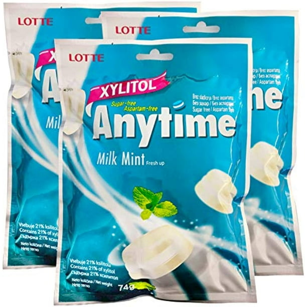 Lotte Anytime SugarFree Hub Xylitol Milk Mint Candy 74G X 3 (Pack Of 3