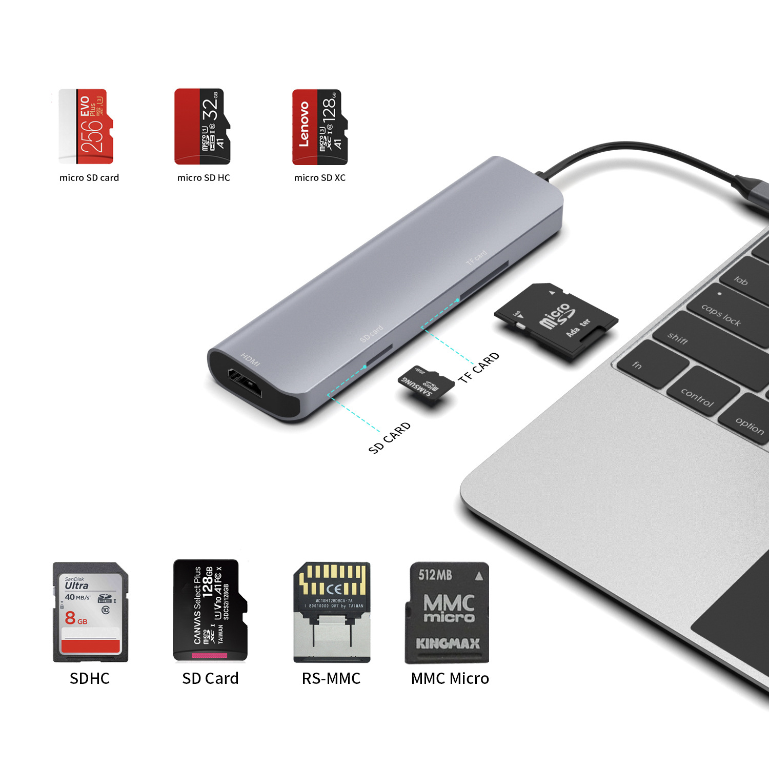 8 in 1 docking station type C adapter with 4K HDMI,PD Charging,USB-C, 3*USB 3.0 ,SD/TF Card