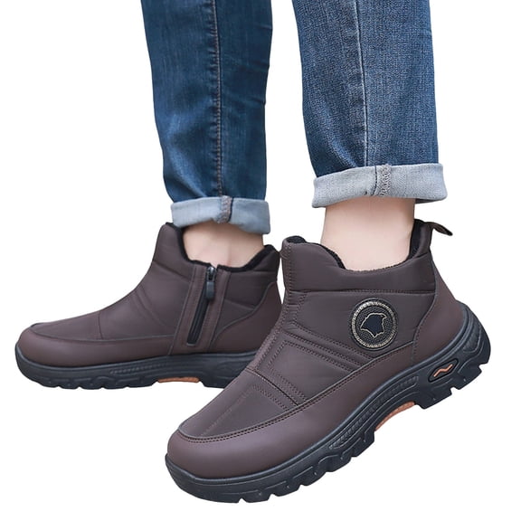 Non Slip Winter Boots for Men Comfortable Fleece Lined Slip On Snow Booties Warm Plush Ankle Furry Boots Brown Size 9