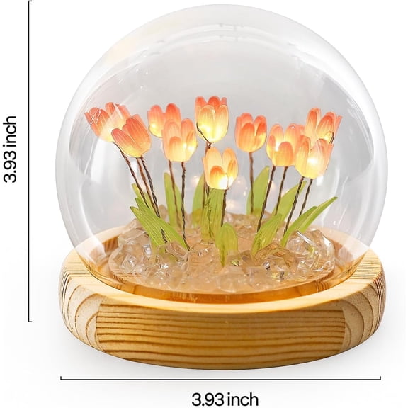 Tulips Night Light Small Glass Flower Lamp with Wooden Base for Home Room Decor Romantic Gift for Girlfriend Mom Sister Grandma Wife