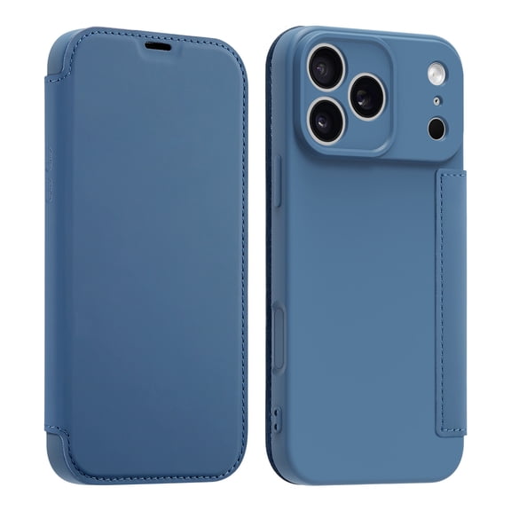 Slim Wallet Case For iPhone 17 Pro Max, Premium PU Leather Flip Cover with Card Holder, Soft Fiber Flocking Lining for Screen Protection Shockproof Case Wireless Charging, Blue