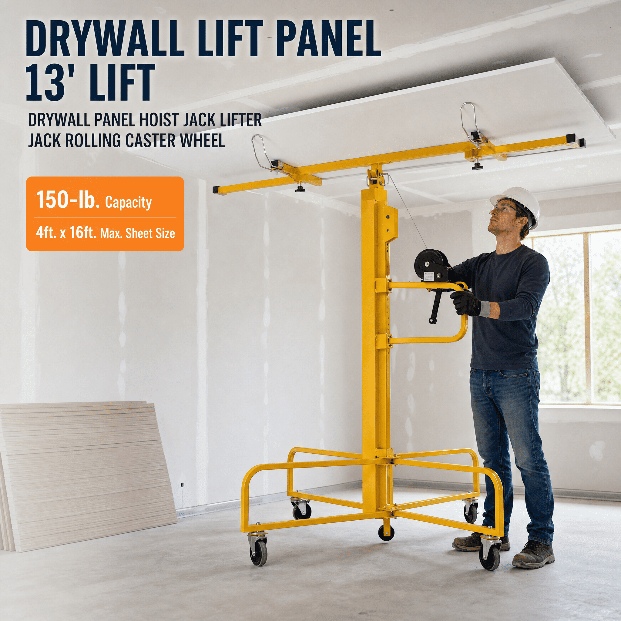 Drywall Lift Panel 13' Lift Drywall Panel Hoist Jack Lifter Jack Rolling Caster Wheel Sheetrock Drywall Lift Construction Tools,150-lb. Capacity, 4ft. x 16ft. Max. Sheet Size