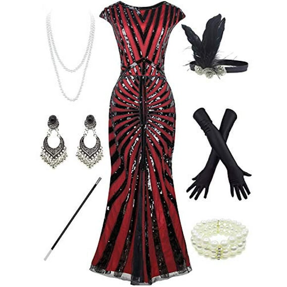 Women 1920S Gatsby Sequin Mermaid Formal Evening Dress with 20s Accessories Costume (M, Style 7 Black Red)