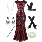 Women 1920S Gatsby Sequin Mermaid Formal Evening Dress with 20s Accessories Costume (L, Style 7 Black Red)
