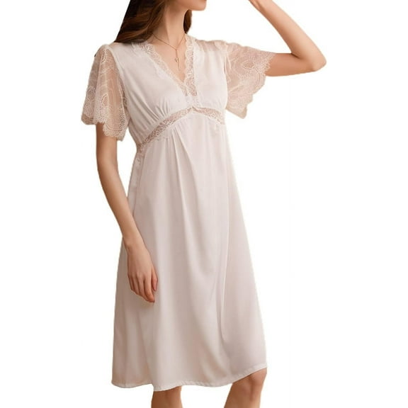 HLSOHJP Women's Cotton Victorian Nightgown Short Sleeve Pj Soft Pajama Dress Long Sleepwear Off Shoulder Sleep Shirt Frilly