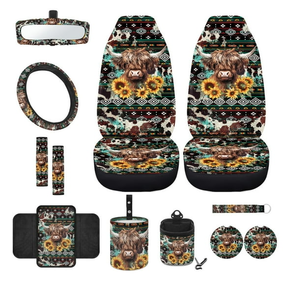 Xixirimido Aztec Tribe Cattle Sunflower Car Front Seat Covers 12Pcs Set with Steering Wheel &Seat Belt Cover Car Trash Can Armrest Cover Air Vent Bag Rear View Mirror Cover Cup Coasters Kychain