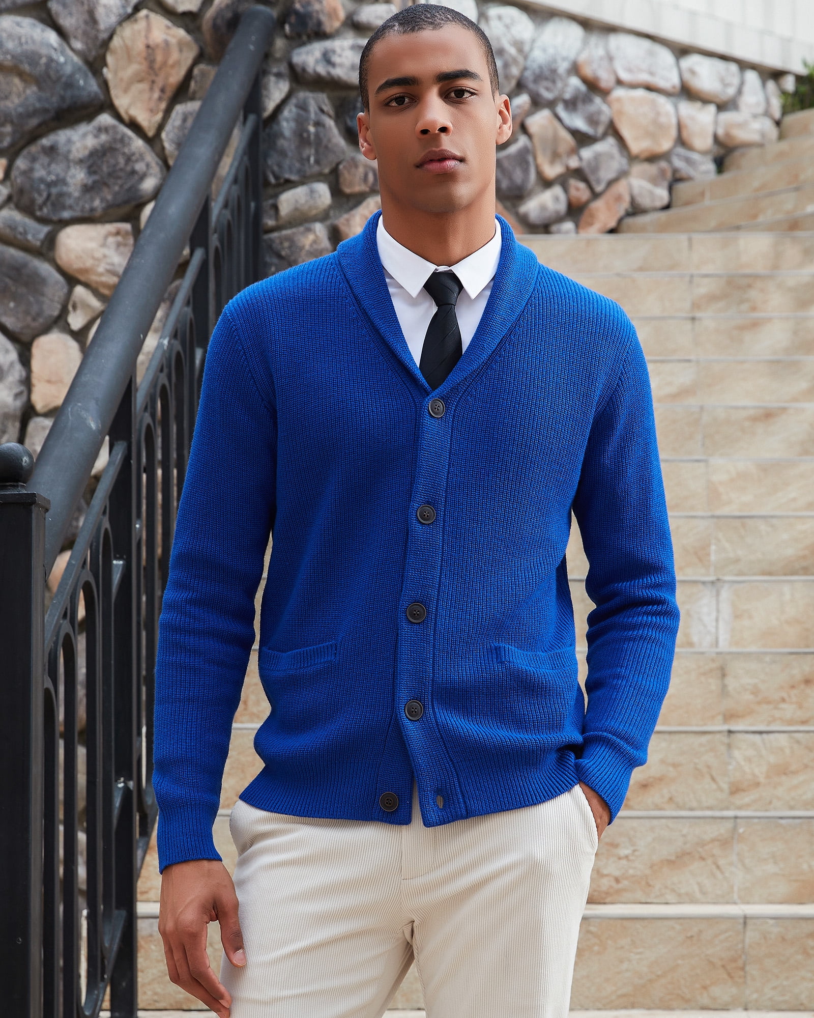 Kallspin Men s Wool Blend Shawl Collar Cardigan Sweater Button Down Knitwear with Pockets Royal Blue 2X Large