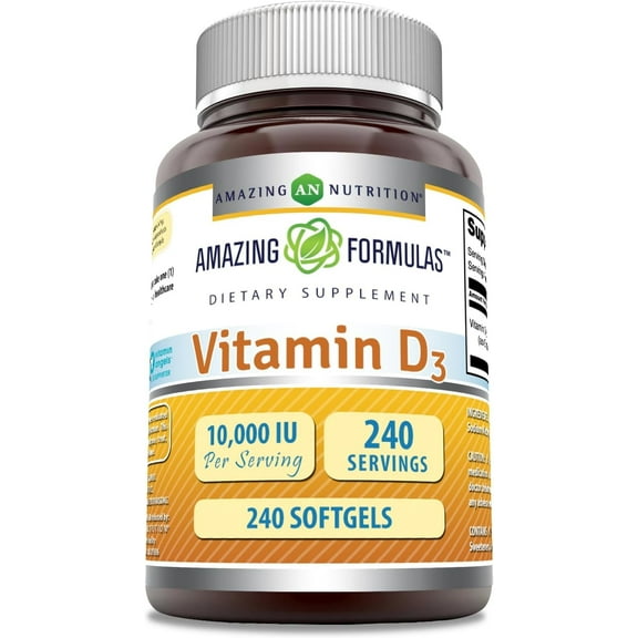 Amazing Formulas Vitamin D3 cholecalciferol 10,000 IU, 240 Softgels Supplement | Non-GMO | Gluten Free | Made in USA