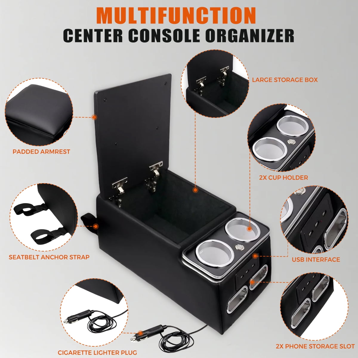 Black Universal Truck Seat/Bench Organizer with LED Light, USB Port, Cup Holders, Armrest, Padded Top Lid - Ideal for Business Upgrade Center Console Organizer