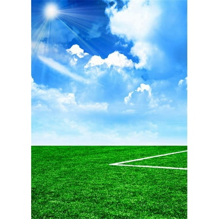 Image of ABPHOTO Polyester Green Football Pitch Sport Field Photography Backdrops Sunshine Blue Sky White Cloud School Kids Outdoor Studio Background 5x7ft