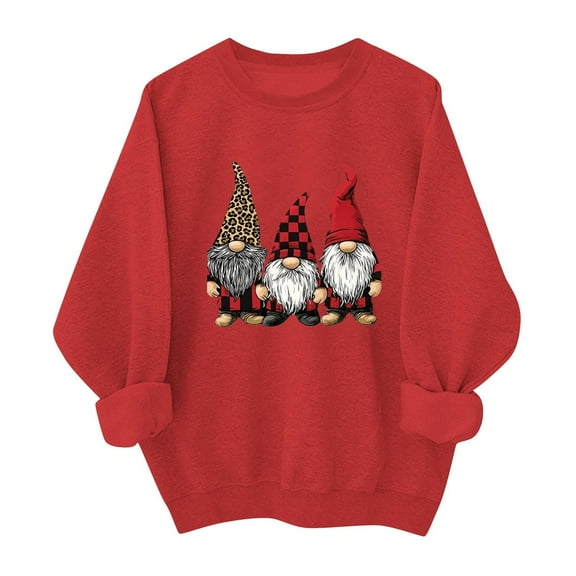 SYMOID Womens Red Gnome Graphic Sweatshirt, 100% Cotton Oversized Crew Neck Playful Festive Casual Relaxed Fit,Size M