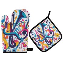 Yayeee Oven Mitts and Pot Holder Set of 2 Heat Resistant Kitchen Gloves Baking Hot Pad, Musical Pattern