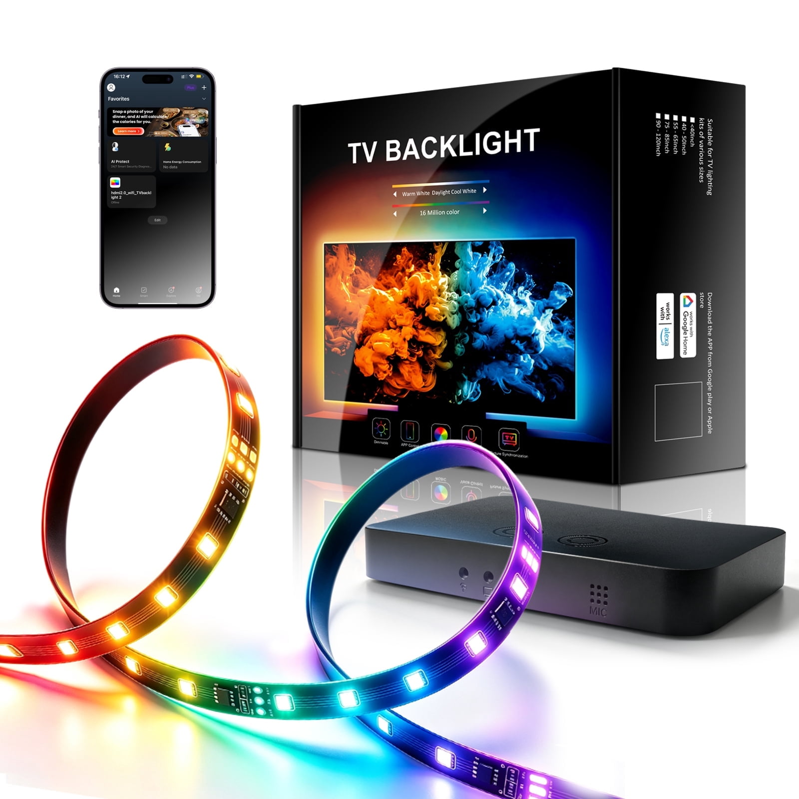 HDMI Sync Box with TV Backlight, RGBIC HDMI Sync Box for 55–65 inch TVs, 4K@60Hz Support, Smart App & Voice Control, Compatible with PS5, Xbox and Streaming Devices.