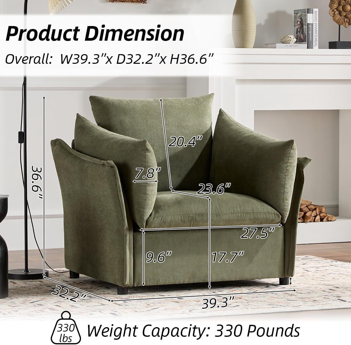 AENKYO Oversized Accent Chair, Chenille Armchair, Single Sofa Lounge for Home, Office, Green
