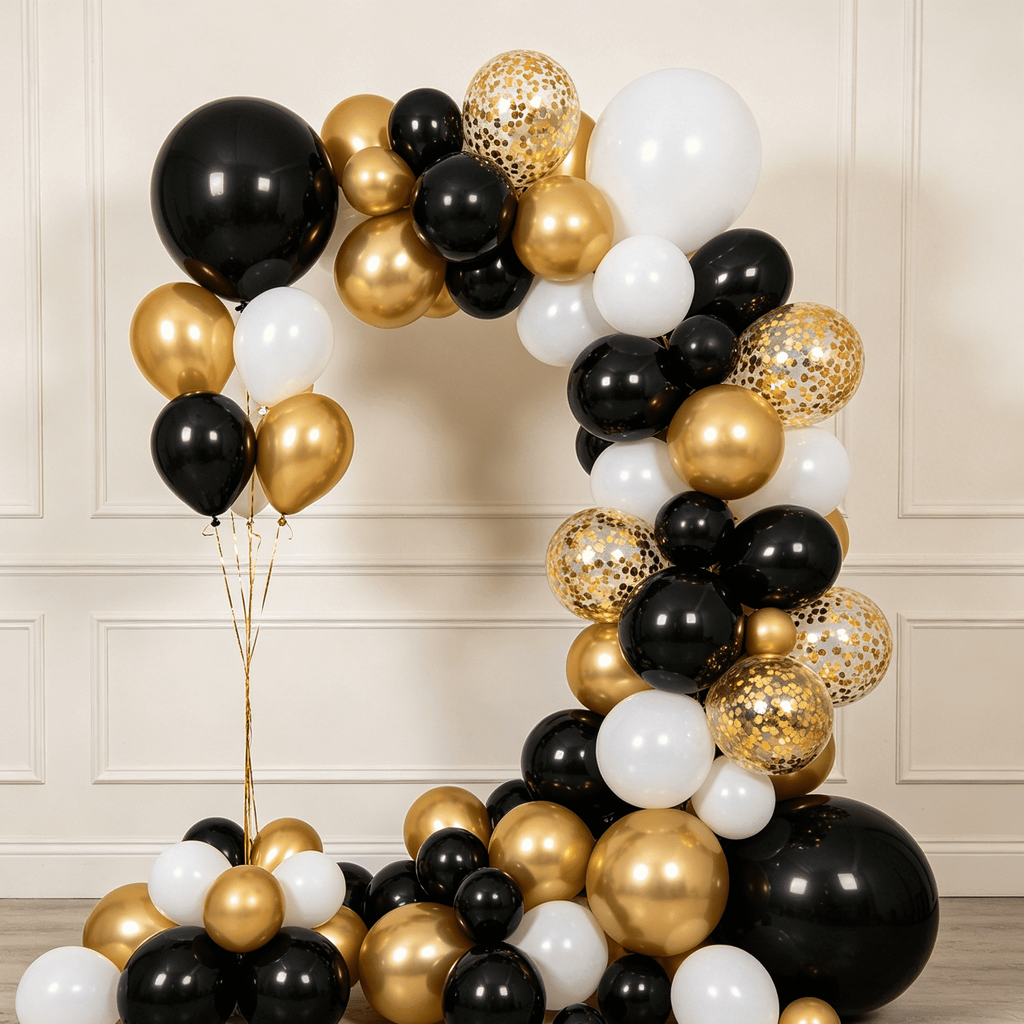 KIRIKOU 138pcs Black Gold and White Balloon Garland Arch Kit 18" 12" 10" 5" Chrome Metallic Confetti Pastel Latex Balloons for Birthday Wedding Baby Shower Party Decors