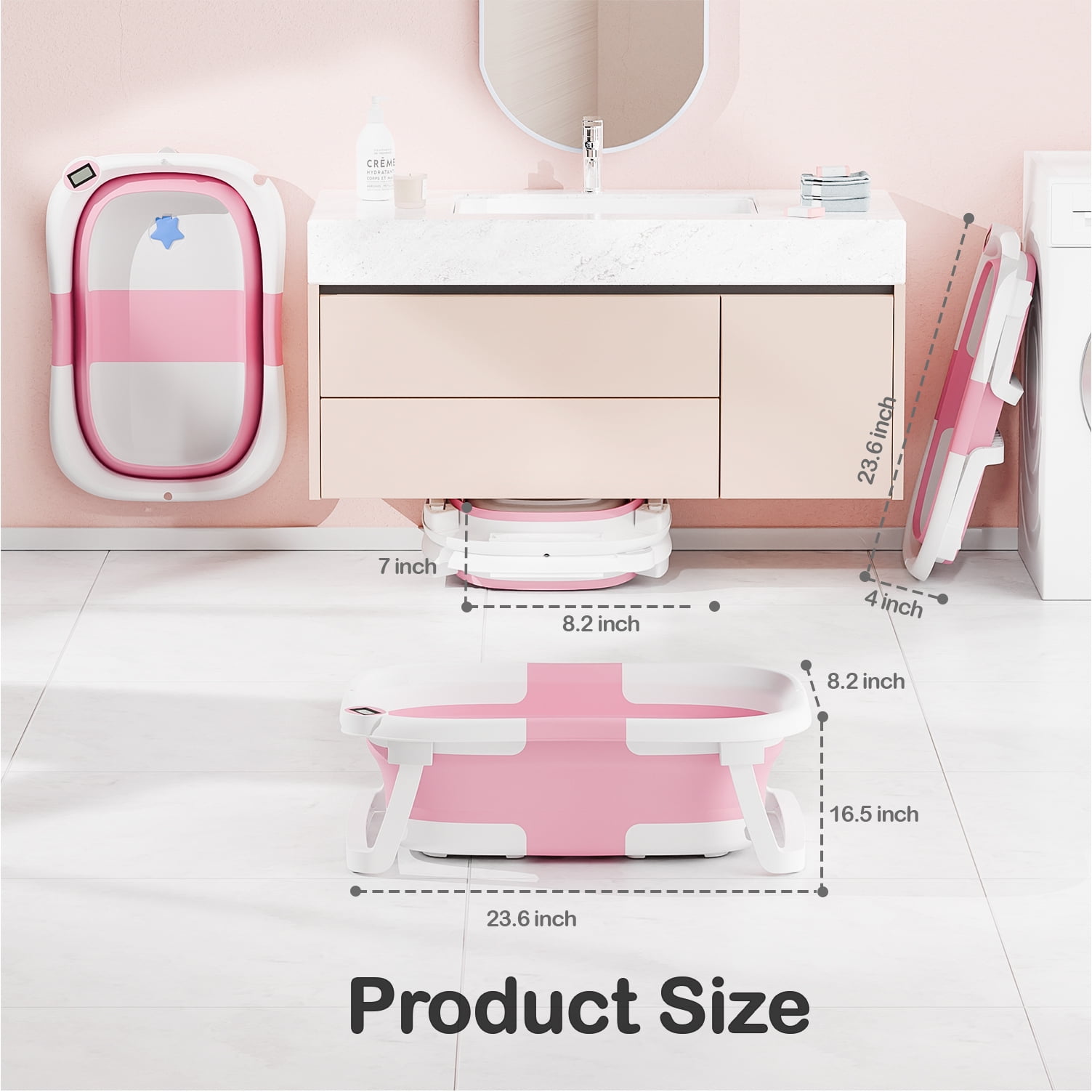 Aprpink Foldable Baby Bathtub PP+TPE with Soft Bath Net&Thermometer for 0-36 Months Toddler Dark Pink