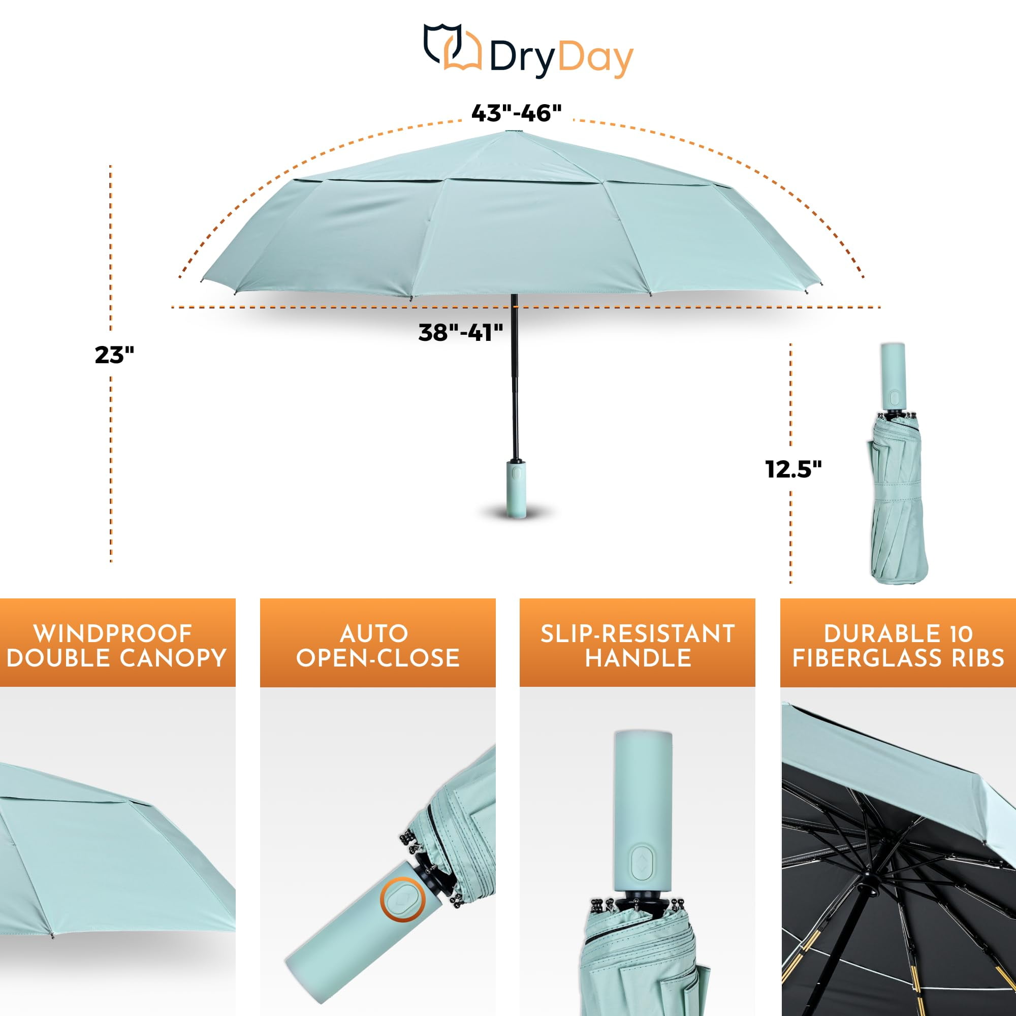 DryDay 43" Travel Umbrellas for Rain - Large Windproof Double Canopy Umbrella, 10 Durable Ribs, Strong Frame, Auto Open Close Ergonomic Handle, Compact Waterproof Umbrella for Women & Men, Pale Green