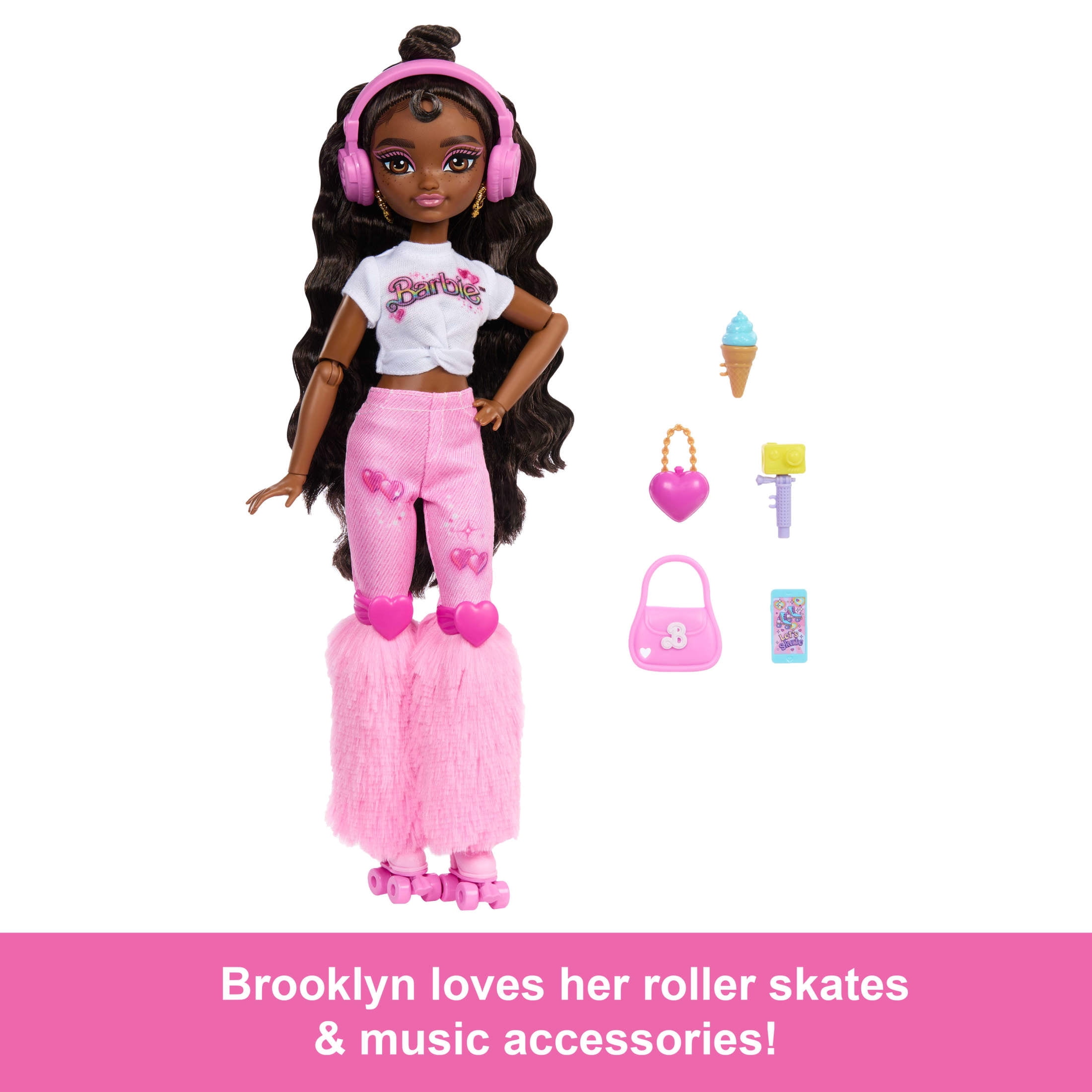 Dream Besties Barbie "Brooklyn" Roller Skating Fashion Doll with 9 Music & Video Themed Accessories