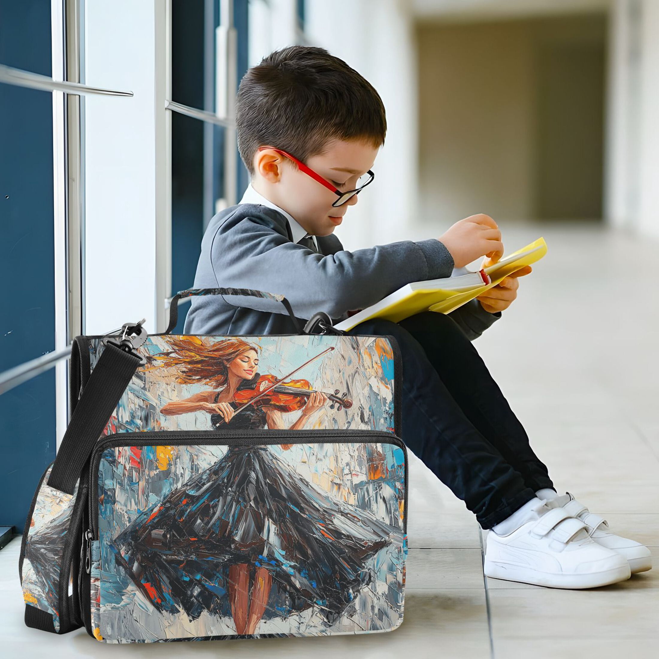 3 Ring Zipper Binder with Shoulder Strap Waterproof Trapper Keeper 2 Inch D-Ring 500 Sheets Capacity Beautiful Woman Play Violin