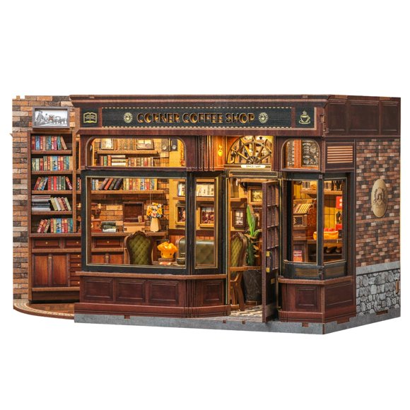 Fsolis Book Nook Kit - DIY Bookshelf Miniature Kit for Adults 3D Puzzle Booknook Tiny Cafe House Bookshelf Bookstore Diorama with Cat, Craft Gifts fo