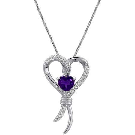 Knots of Love Sterling Silver Amethyst and Lab Created White Sapphire Heart Pendant, 18