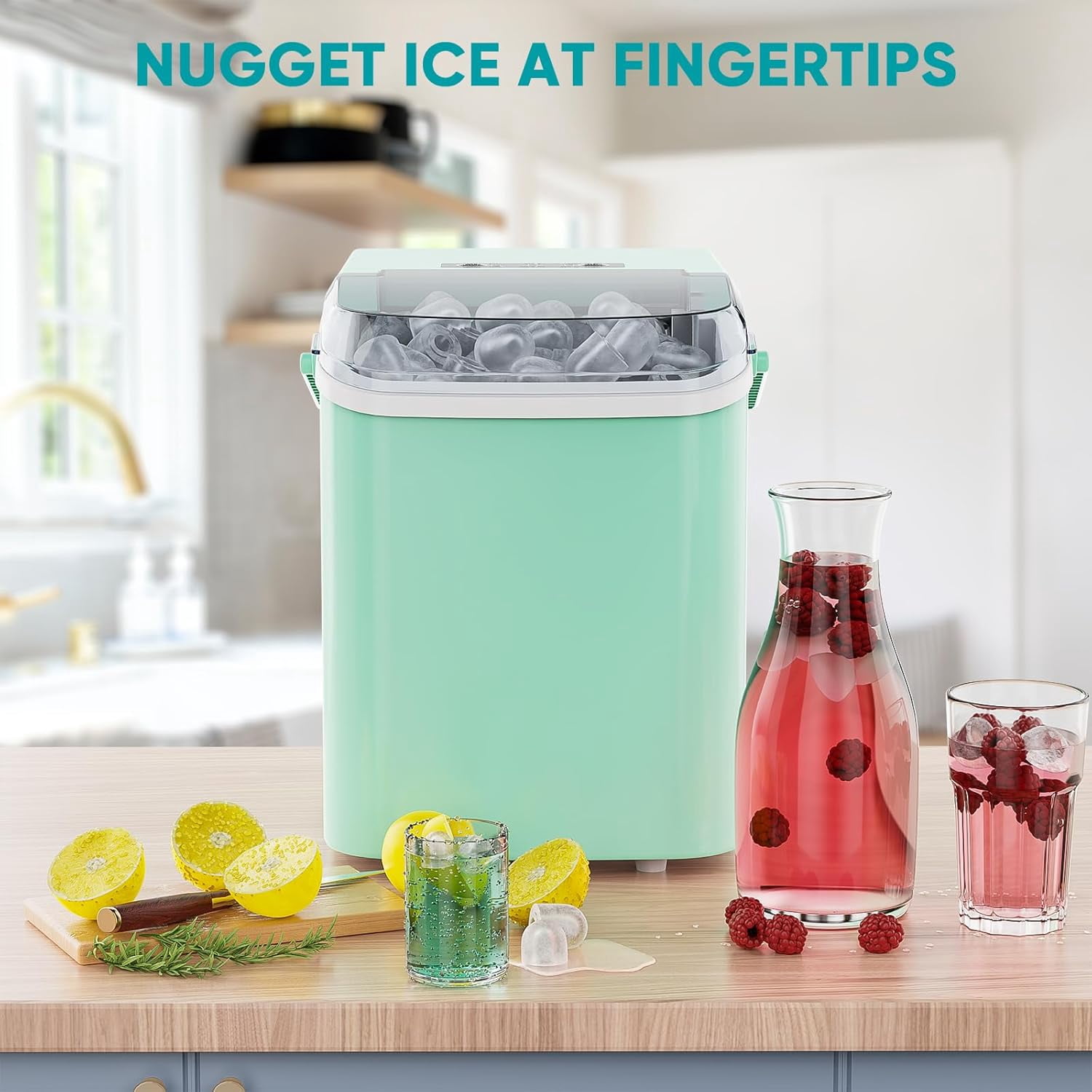 Ice Maker, 9Pcs/6Min, Self-Cleaning Portable Ice Maker Machine, 40 db quieter processing, 26Lbs/24H with Ice Scoop and Handle, 2 Sizes Bullet Cubes Makers,Green