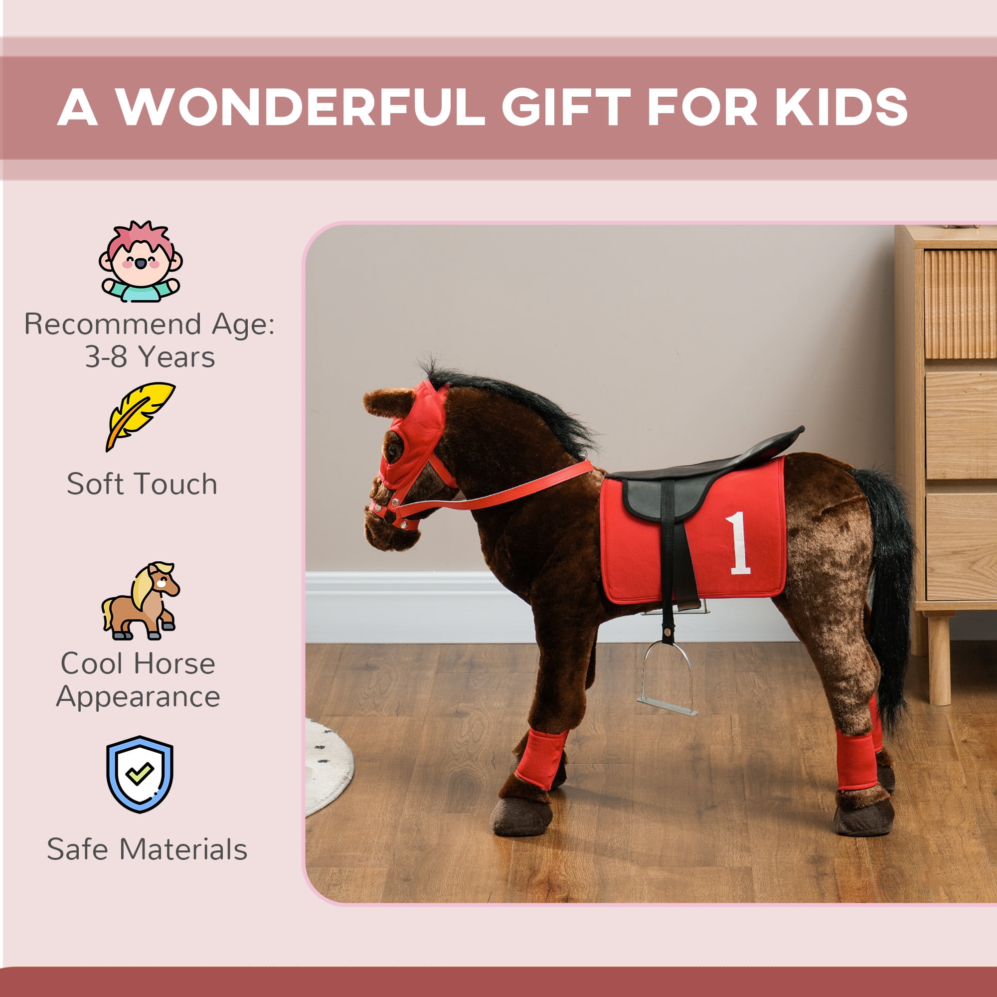 Qaba Ride on Horse for Kids 3-8 Years Old, Toddlers Riding Horse with Neighing Sound, Ride on Animal Pony Toy with Saddle & Stirrups