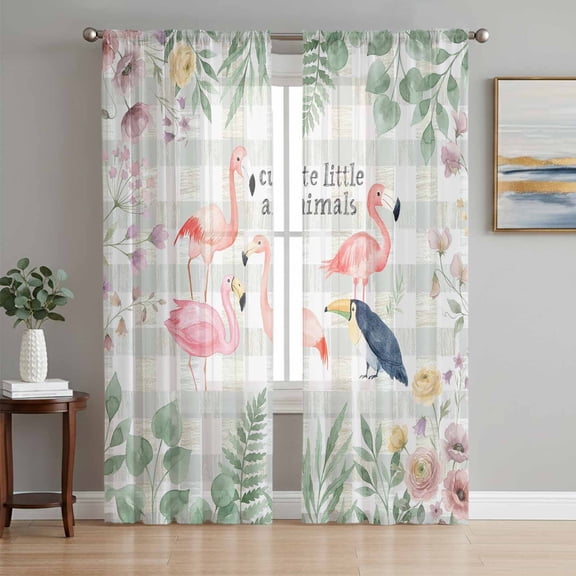 Pink Flamingo Sheer Curtains 72 Inch Length 2 Panels Set, Botanical Floral Leaves Summer Green Plaid Voile Window Treatment Rod Pocket Curtains Sheers Drapes for Bedroom/Living Room/Kitchen 52"x72"x2