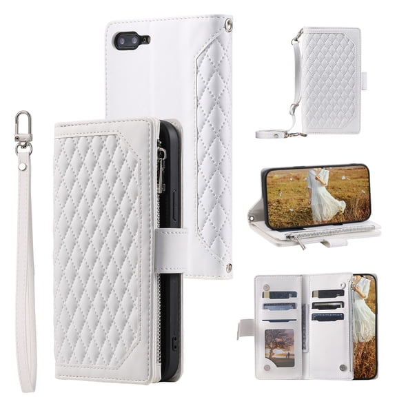 Crossbody Wallet Phone Case for iPhone 8 Plus/iPhone 7 Plus,Luxury PU Leather Magnetic Buckle Zipper Pocket Card Slots Flip Stand Protective Cover with Hand Strap & Shoulder Strap,White