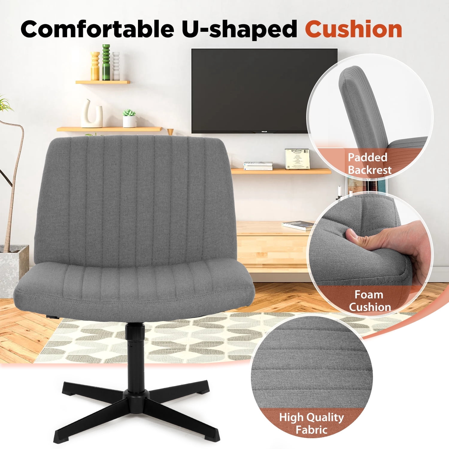 BestOffice Armless Office Chair, Criss Cross Legged, No Wheels Swivel for Men, Women(Grey)