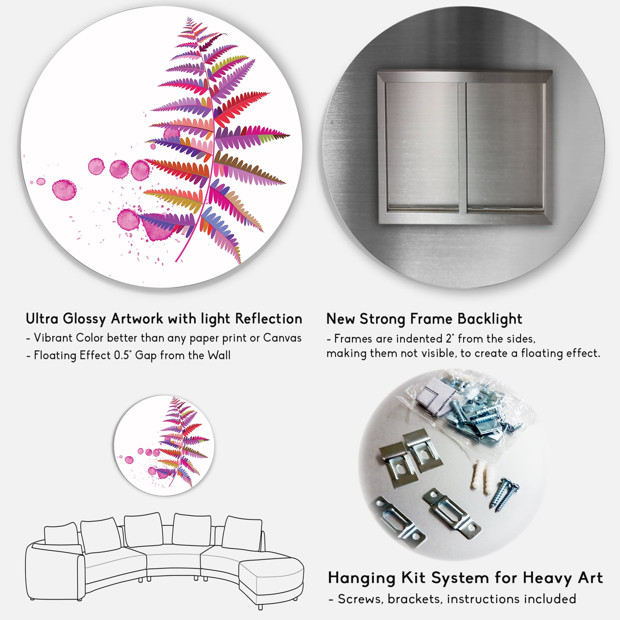 Designart 'Purple Fern With Purple Splash' Farmhouse Circle Metal Wall Art 29x29 - Disc of 29