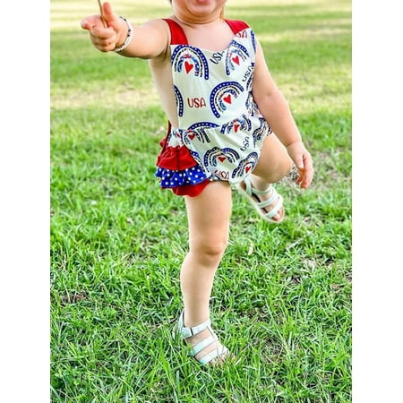

4th of July Newborn Baby Girl Rompers Dress Rainbow Print Sleeveless Bodysuit + Hairband