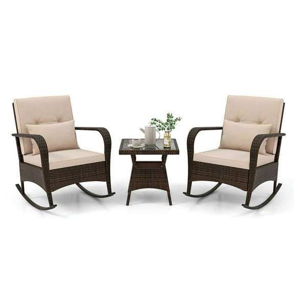 Aimee Lii 3 Piece Outdoor Rocking Set with Tempered Glass Coffee Table, Modern Patio Furniture for Outdoor Backyard Pool Deck-Brown