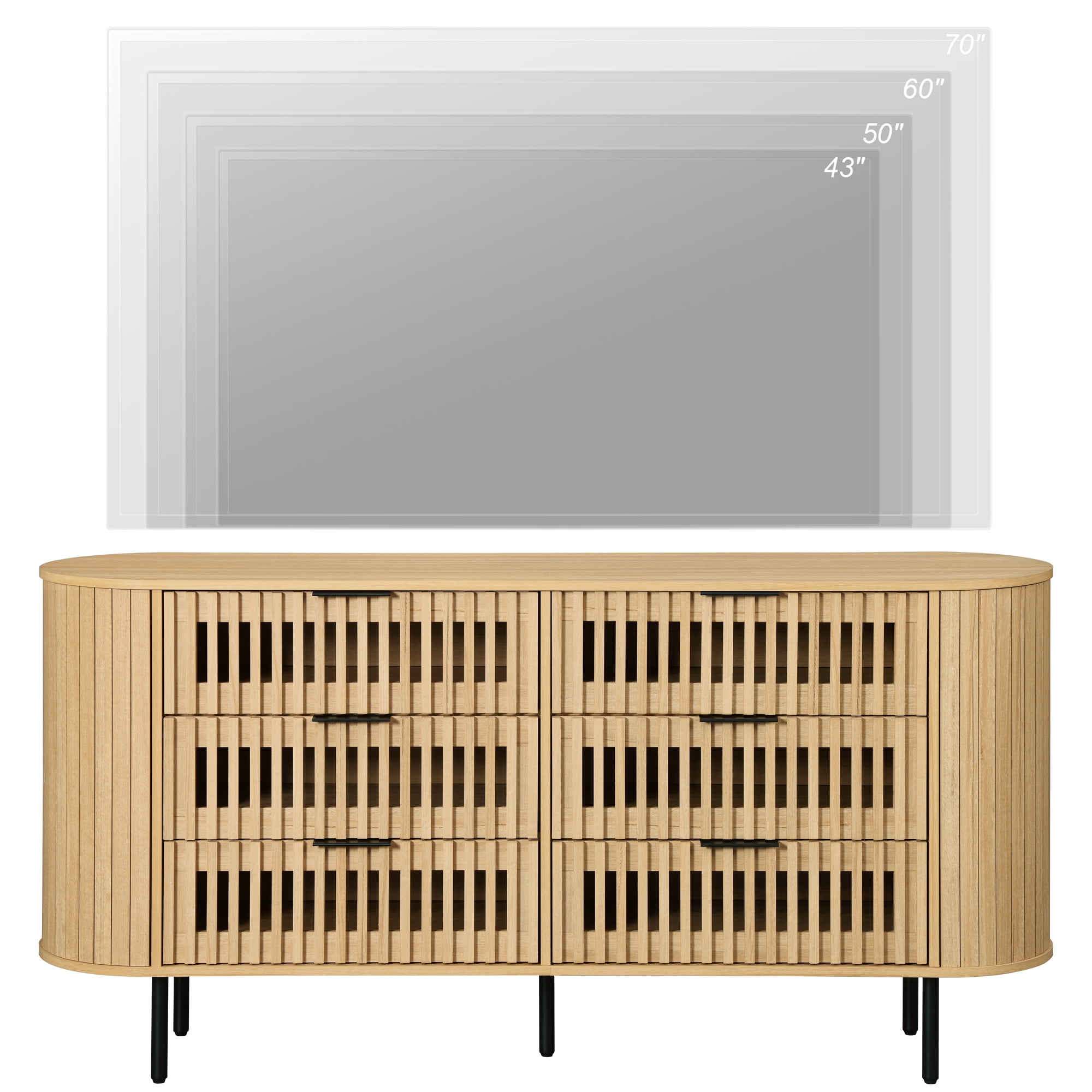 FITUEYES Wide 6-Drawer Dresser, Mid-Century Modern TV Stand with Storage for 70'' TV, Wood Chest of Drawers for Bedroom, Living Room, Oak