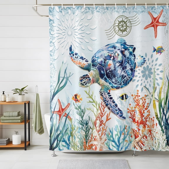 Sea Turtle Coastal Shower Curtains for Bathroom, Summer Beach Coral Ocean Nautical Waterproof Fabric Shower Curtain, Decorative Bathroom Curtain for Bathtub, 72"x84" , No Hooks Included