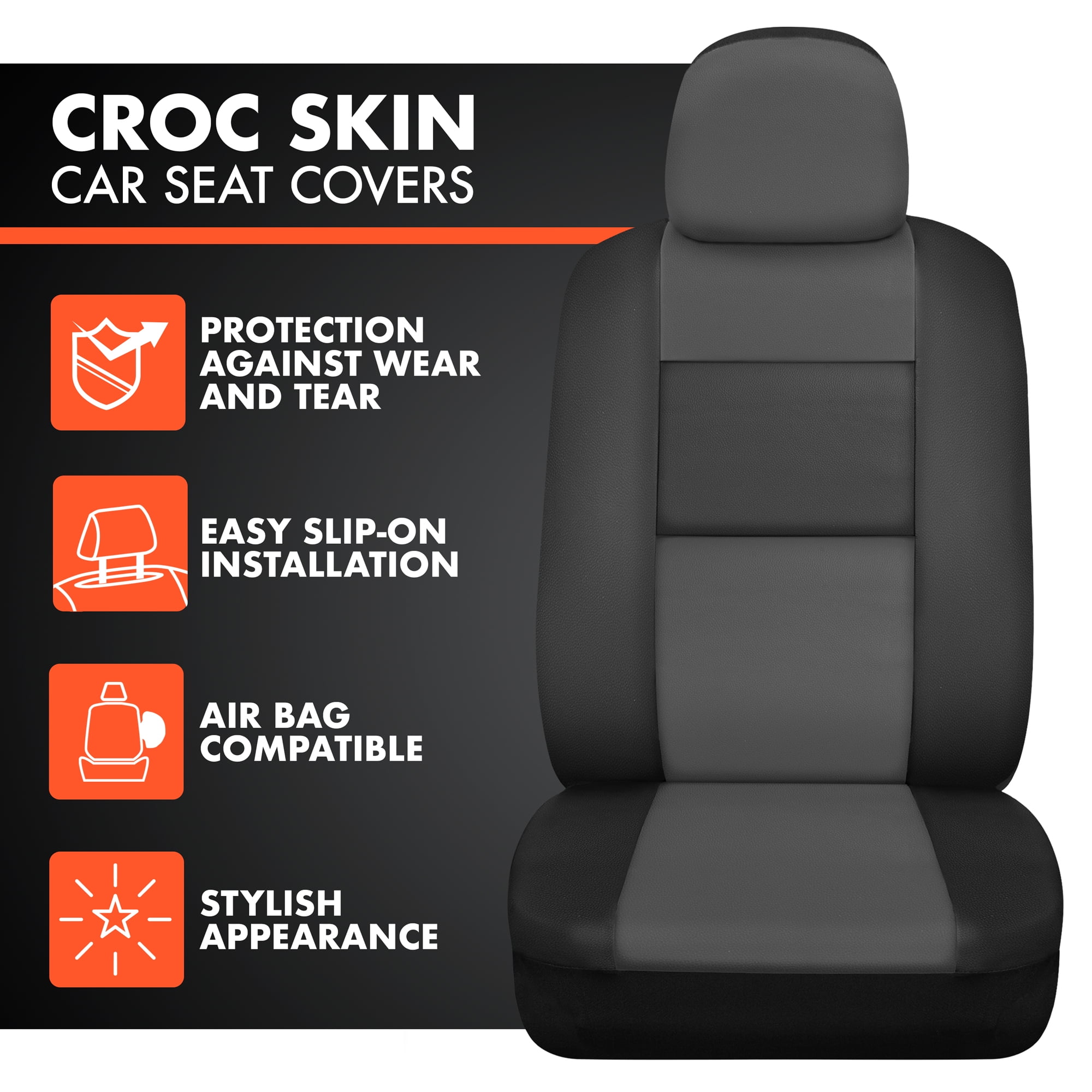 BDK Black & Charcoal Faux Leather Car Seat Cover Full Set - Front & Rear Split Bench Seat Covers For SUV & Truck Seats, Airbag Compatible - Seat Covers for Cars & Interior Covers & Accessories