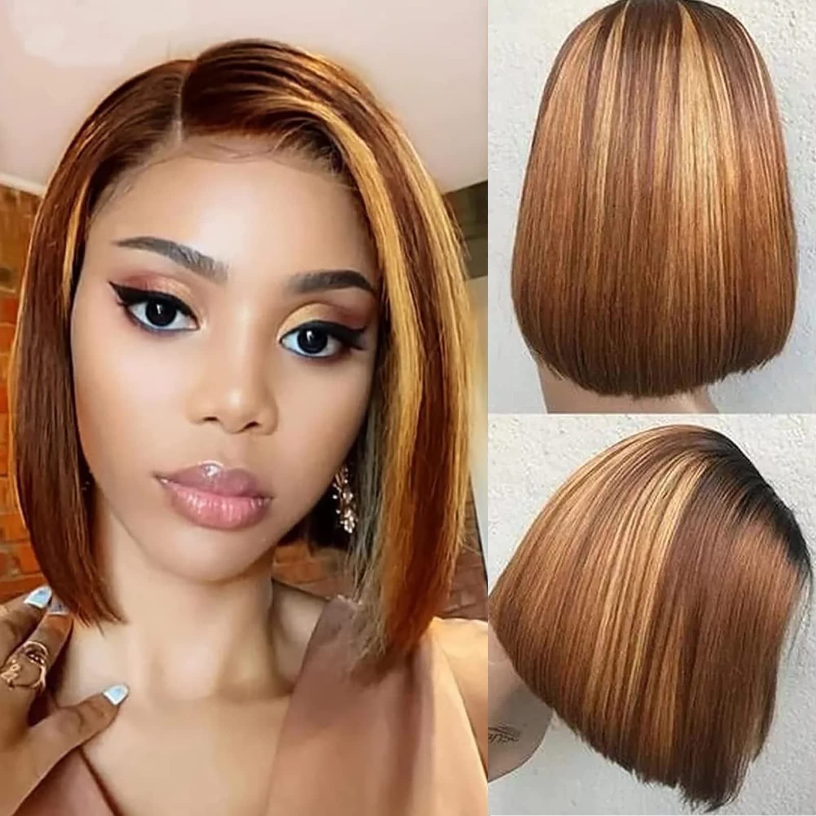 Highlight Ombre, 13x4 Lace Front, Glueless Short Bob Human Hair Wig, P4/27 Honey Blonde 8inch