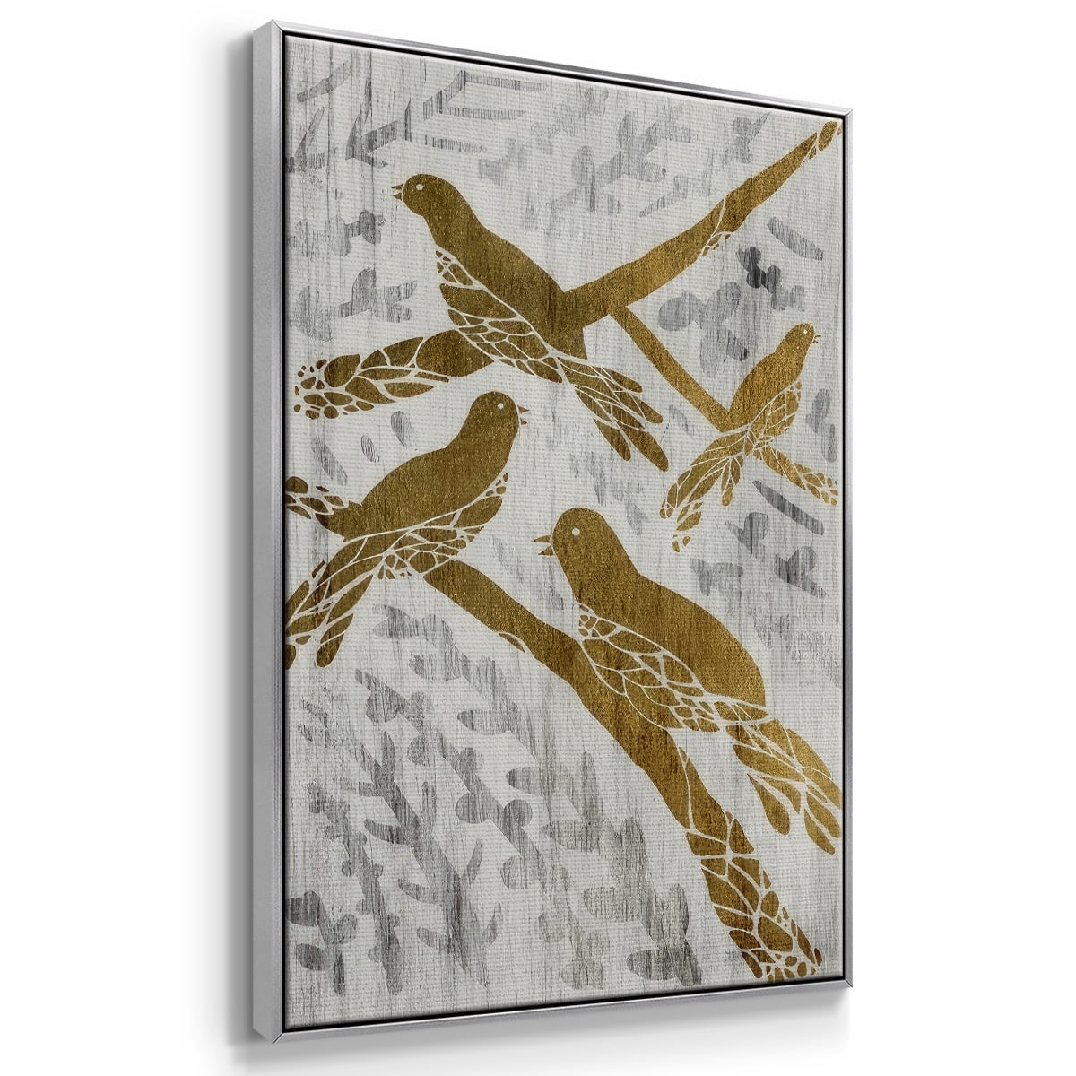 Four Calling Birds - Gold Leaf Holiday - Framed Gallery Wrapped Holiday Canvas - 25 x 37 - Silver Frame