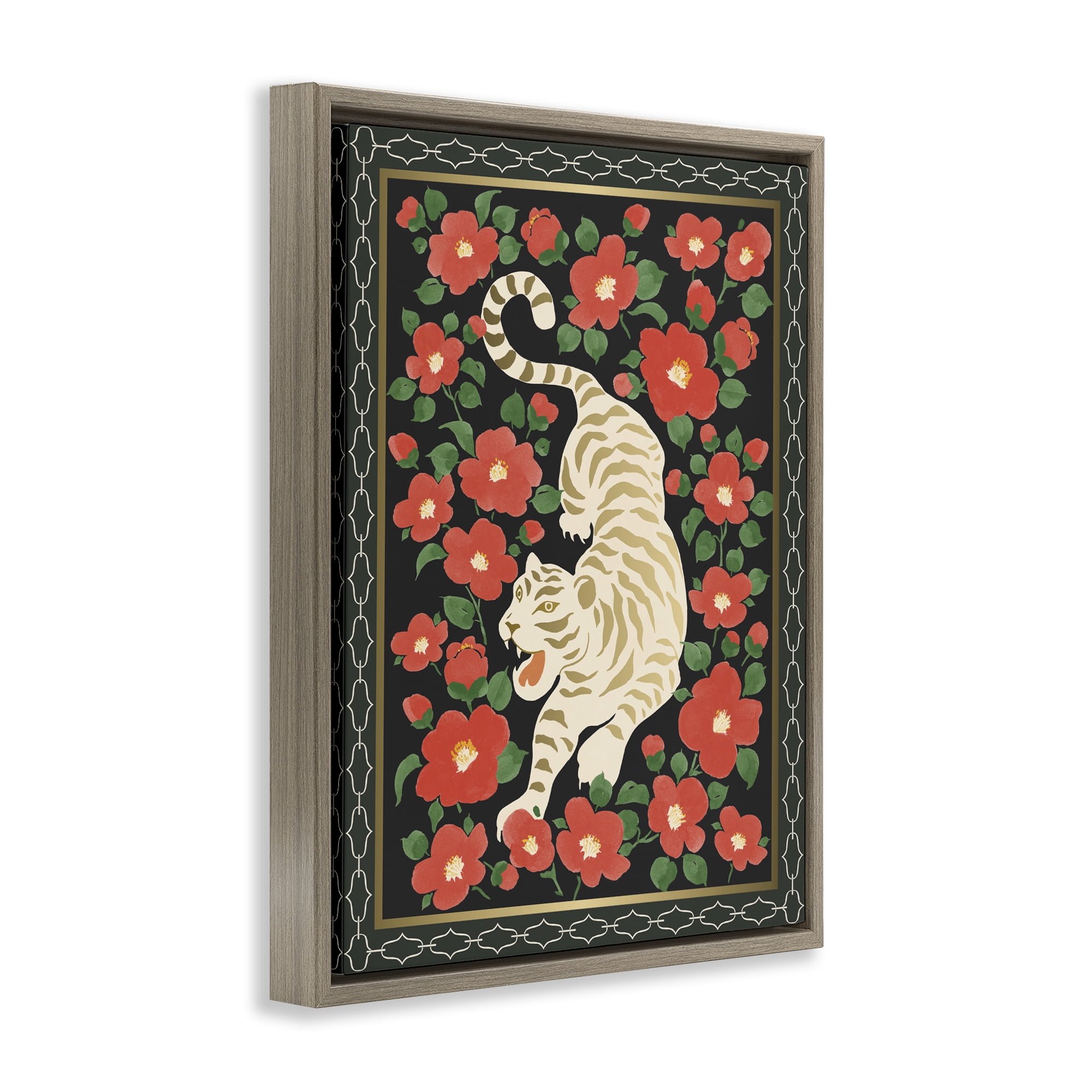 Stupell Industries Ivory Tiger Among Camelias Brown Framed Floater Canvas Wall Art, design by Karolina Sato
