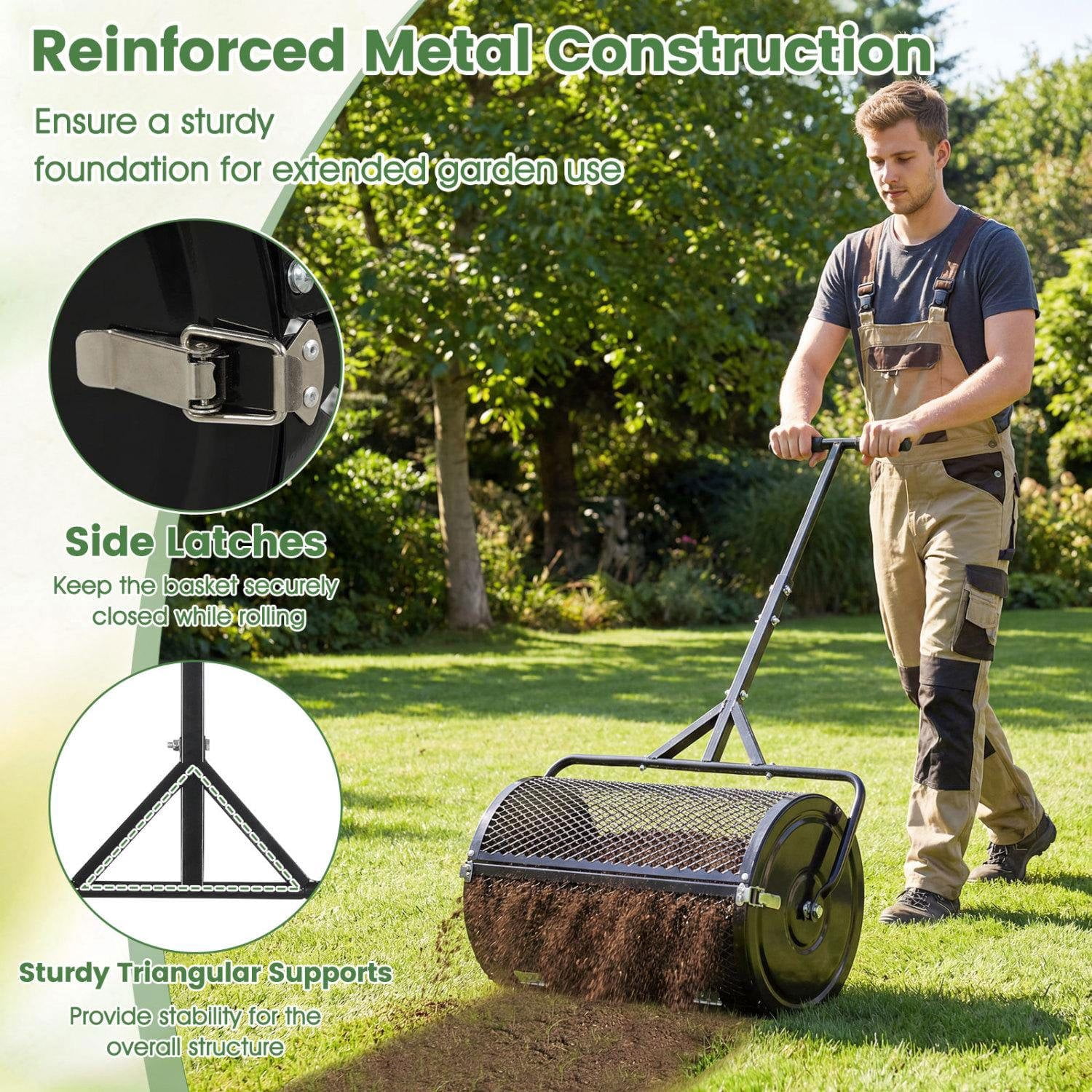 Resenkos 24 Inch Compost Spreader Roller with Adjustable T Shaped Handle, 2.7 Cu.Ft Lawn Topdressing Peat Moss Spreader for Garden and Yard, Black