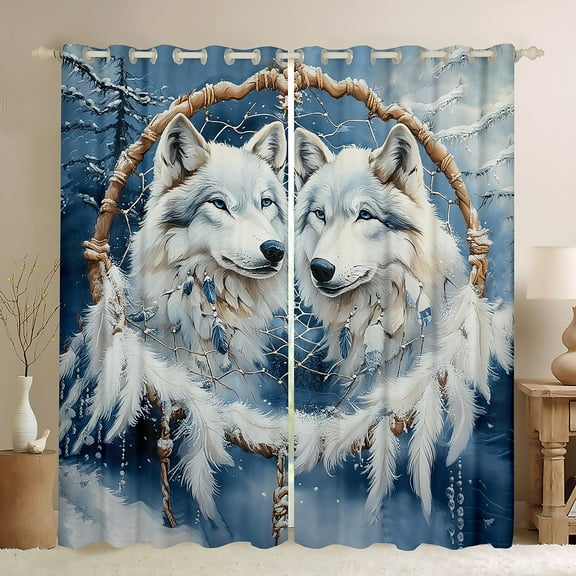 White Wolves Window Curtain,Wild Wolf Jungle Animal Winter Snowy Curtain for Adults Teens Living Room,Ethnic Tribal Dreamcatcher Feather Blue White Window Drapes of 2 Panels,52Wx84L Inches