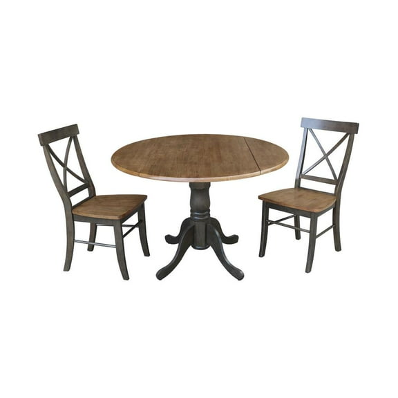 42" Wood Drop Leaf Table With 2 Chairs in Hickory/Washed Coal - 3 Piece Set