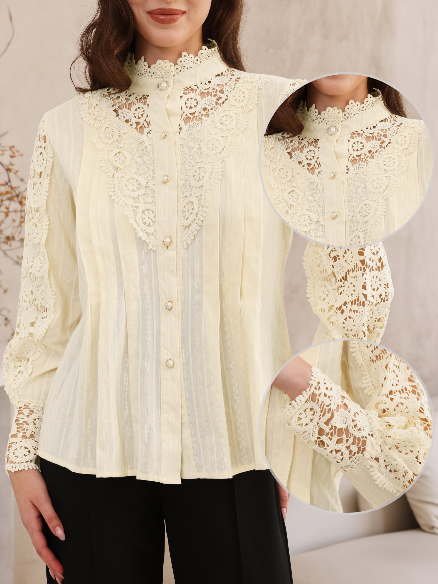 DARING DIVA Women's Lace Trim Top Victorian Long Sleeve Button Down Blouse 2XL Beige