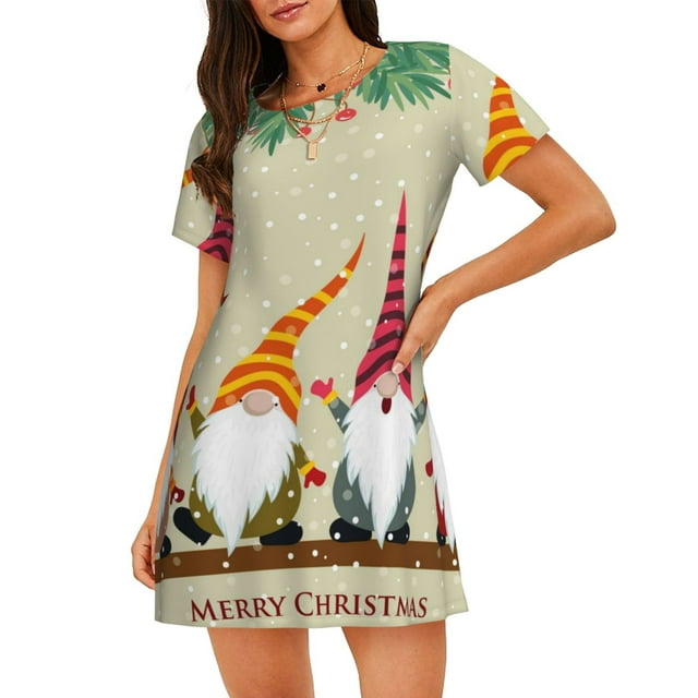 Cauagu Carte de Noël avec Imprimé Gnomes Chemise de Nuit à Manches Courtes pour Femmes Chemise de Nuit Confortable Col Rond Mignonne Chemise de Nuit à Volants