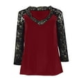 thumbnail image 4 of Tuphregyow Womens Tops Deep V-Neck Color Block Oversized Lace Hollow Out Blouse T-Shirt Loose Tummy Hiding Long Sleeve Plus Size Tunic Top For Ladies Comfy Casual Wine XXL, 4 of 8
