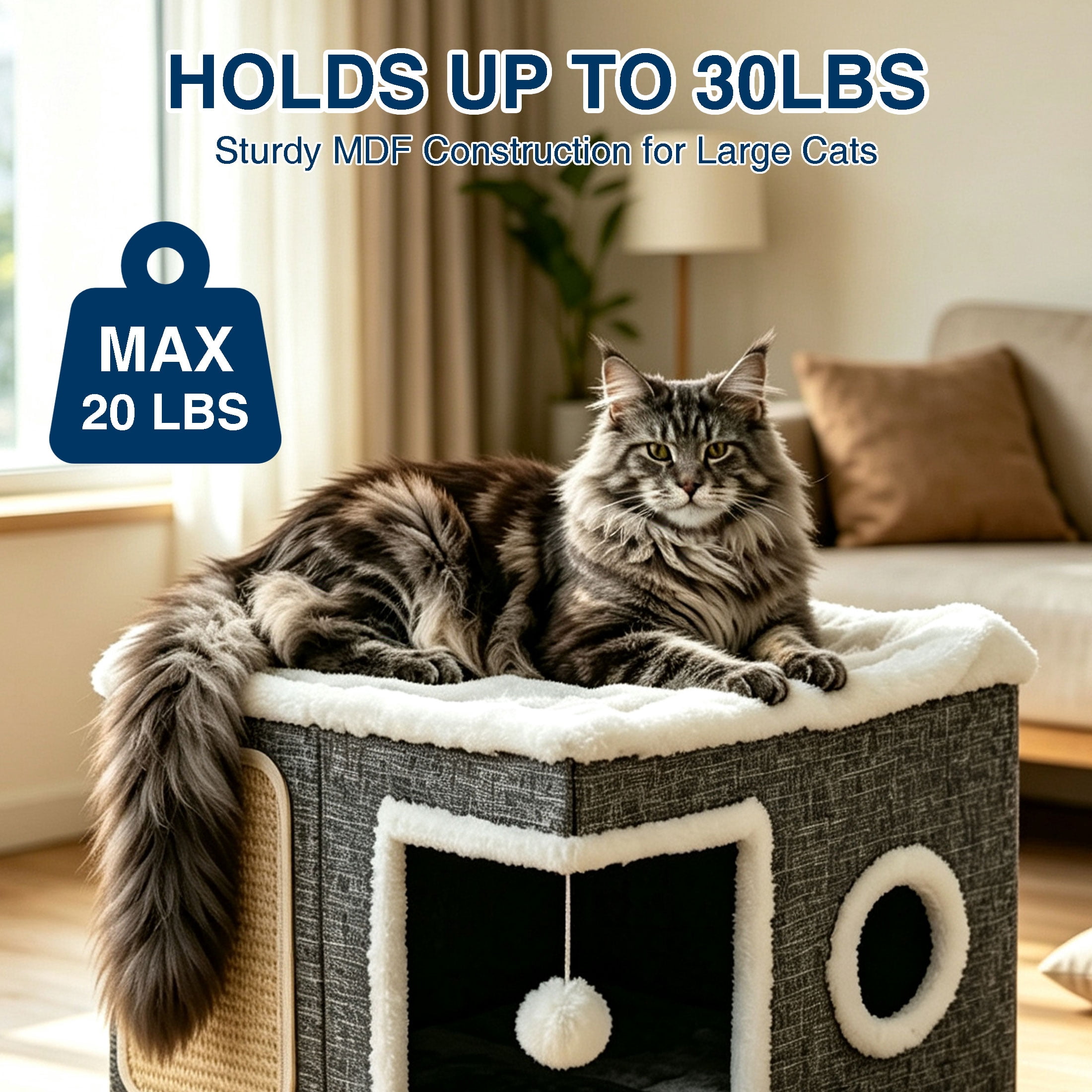 GARITIN Cat Cube House with Sisal Scratcher, Plush Cat Bed & Dangling Toy Ball for Indoor Cats
