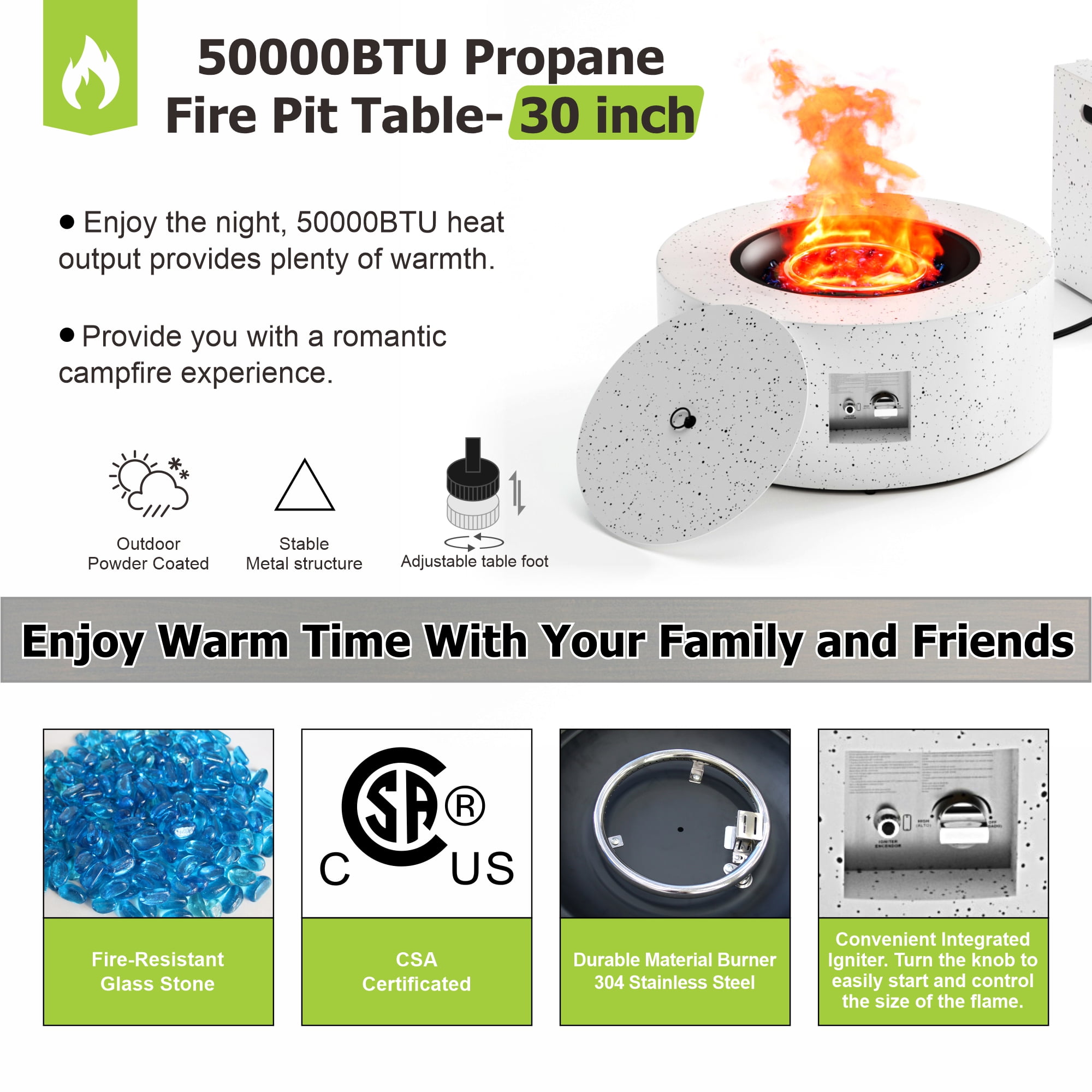 30" Inch Round Wood Grain Iron Fire Pit,50000 BTU with Lid,for Home and Camping (Spotted white)