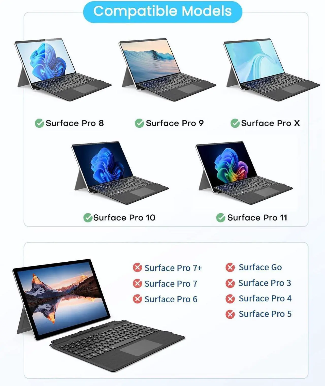 Type Cover for 13 inch Microsoft Surface Pro 11 / Pro 10 / Pro 9 / Pro 8 / Pro X, Portable Bluetooth Wireless 7-Color Backlit Surface Pro 9/8/X Keyboard with Touchpad/Pencil Holder