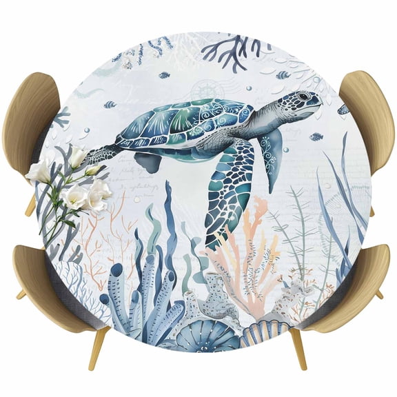 Summer Sea Turtle Round Tablecloth 45-54 Inch Round Fitted Table Cloth with Elastic Edge, Ocean Coastal Coral Flower Waterproof Table Cover Protector for Outdoor Picnic Party Dining