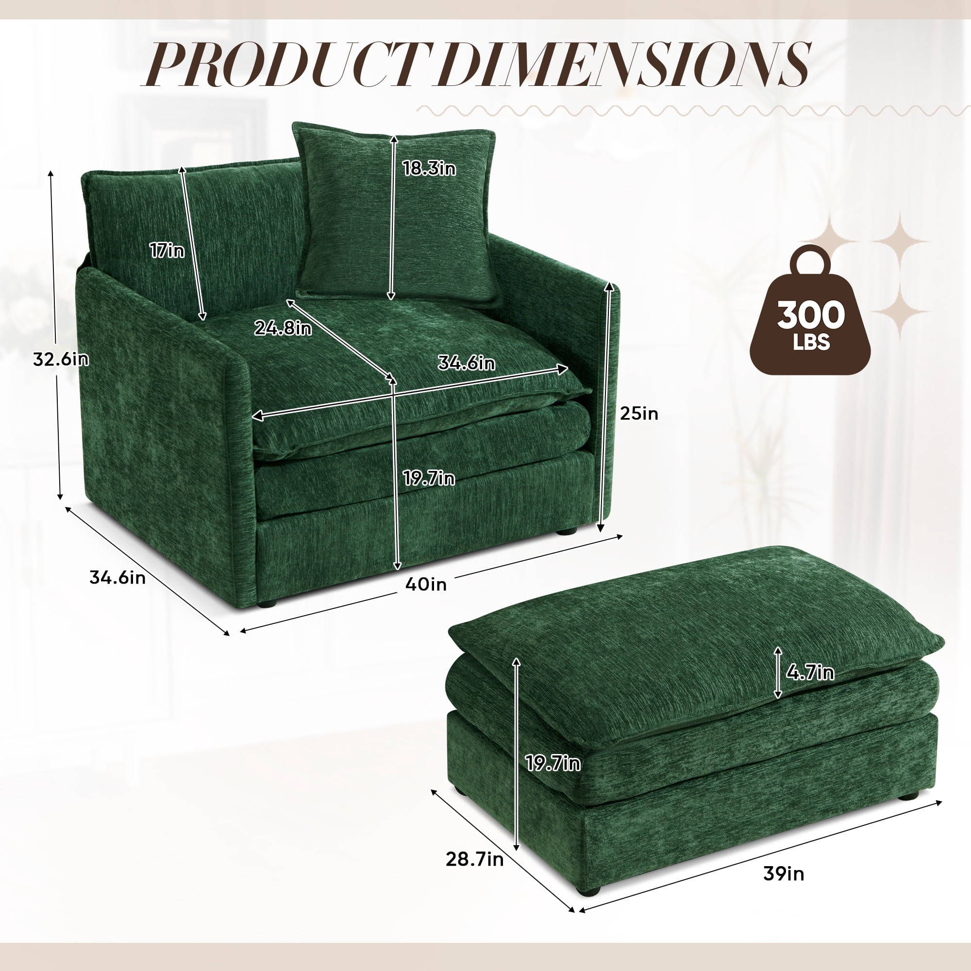 Lunale Oversized Chair with Ottoman, Reading Accent Armchairs for Living Room, Bedroom, Green Chenille